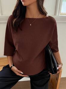 Dazy Maternity 寬鬆素色休閒短袖日常穿著初秋孕婦針織衫 - 棕色 - 查看 4