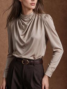 Zovinel Women's Solid Color Pleated Casual Versatile Daily Wear Top - Champagne - View 3
