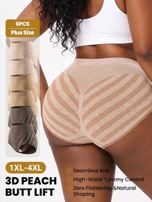 SHEIN 6PCS Women Plus Size Comfy Stretch High Waisted Oblique Striped Seamless Full-Coverage Panties - Multicolor - View 7