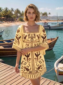 CAJUNI Women's All-Over Print Square Neck Casual Daily Summer Mini Dress - Light Yellow - View 5