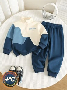 SHEIN 兒童男童 2件組休閒套裝－立領套頭連帽衛衣與保暖內裡秋季長褲，適合冬季、學校、開學季，舒適套裝 - 彩色 - 查看 5
