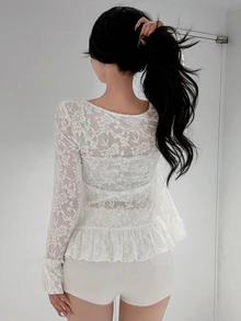 FRIFUL Women's Sweet Lace Ruffle Hem T-Shirt - White - View 4