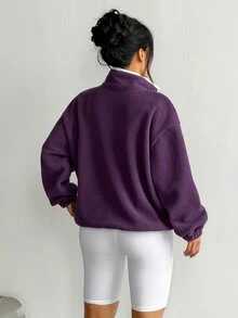 Easithlete Loose Fleece Half-Button Stand Collar Sweatshirt, Casual Sports Top For Autumn/Winter - Purple - View 2