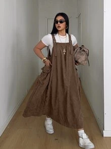 POPSWAY Plus Size Women's Casual Soft Form Commute Formal Office Utility White Pastel Overall Dress Autumn - Brown - View 3