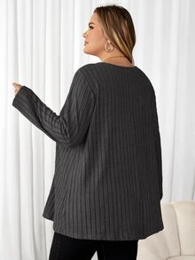 SHEIN CURVE+ 大尺碼女款字母印花拼接設計 T-shirt 藍綠色 秋季 - 深灰色 - 查看 9