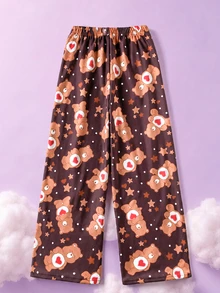 SHEIN X Care Bears 1件少女休閒百搭舒適棕色卡通熊圖案抓絨長褲，適合日常穿著、秋冬、室內、運動、攝影、假期、生日 - 棕色 - 查看 2