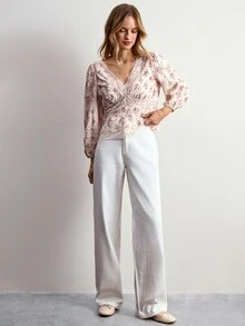 Willow Rêve Women's Cream Floral Lace Patchwork Puff Long Sleeve Top - Cream - View 3