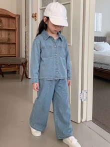 Dazy Kids (少女) 無袖深色水洗牛仔背心與寬鬆寬腿長褲套裝 - 淺色水洗藍 - 查看 3