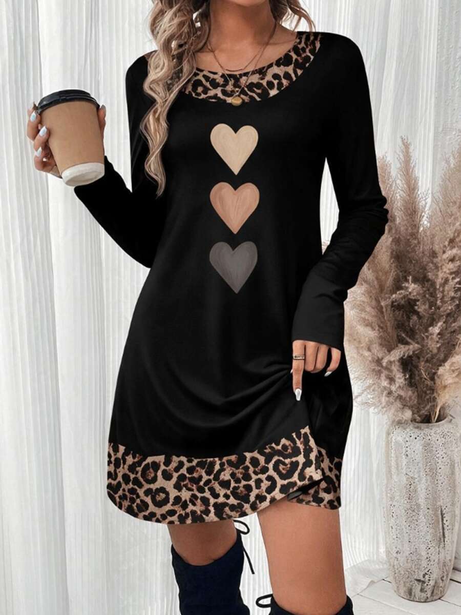 SHEIN LUNE Plus Size Women's Round Neck Long Sleeve Loose Fit Dress With Pockets, Suitable For Autumn/Winter - Multicolor - View 1
