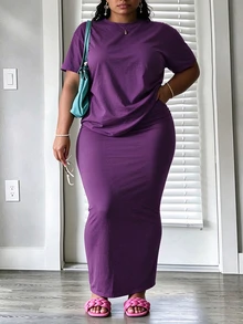 INAWLY Solva Plus Size Women's Solid Color Short Sleeve Top And Skirt Casual 2 Pieces Set - Purple - View 1