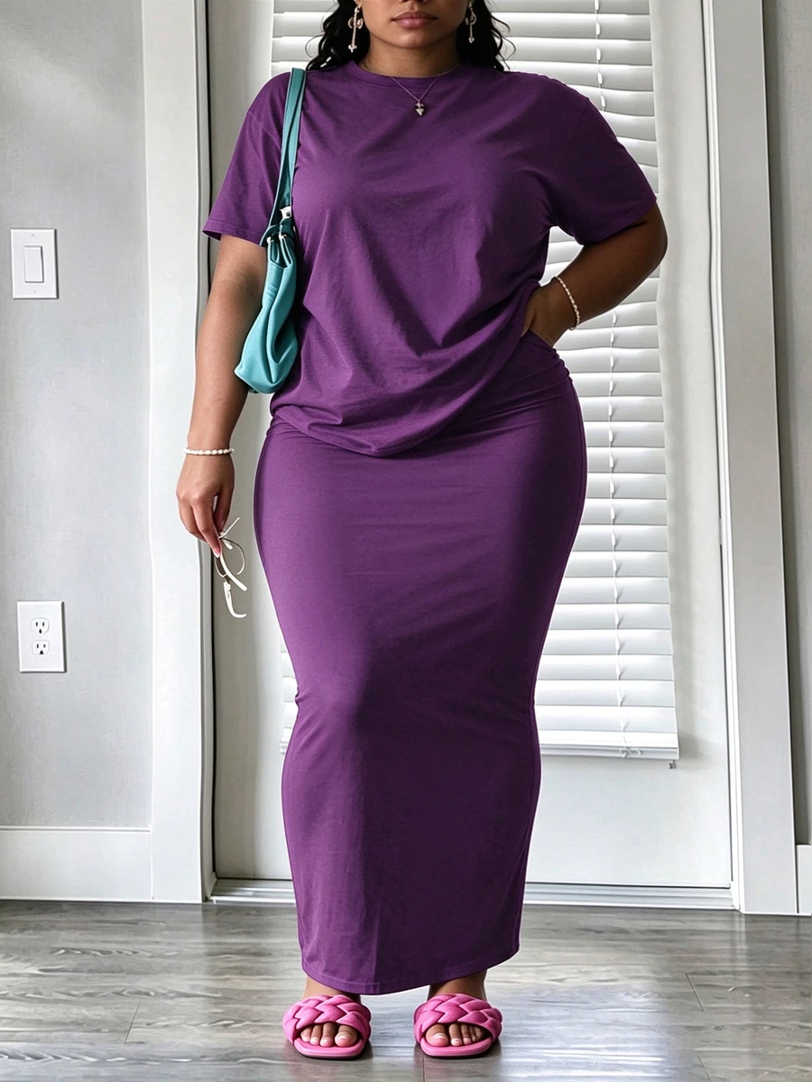 INAWLY Solva Plus Size Women's Solid Color Short Sleeve Top And Skirt Casual 2 Pieces Set - Purple - View 1