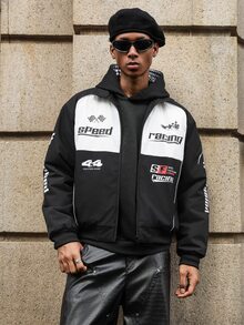 Major Grit Men's Vintage Racing Thermal Lined Jacket, Navy Blue & White Colorblock Zip-Up Loose Baseball Jacket, Suitable For Retro Streetwear And Casual Wear - Navy Blue - View 4