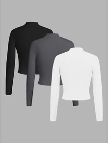 SHEIN EZwear 3件組女款純色立領長袖休閒百搭T恤 - 彩色 - 查看 2