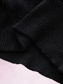 Amplova Cross-Over Wide Draped Neck Lantern Sleeve Ribbed Bodycon Waist-Cinching Sexy Slim Fit Casual Y2K Knit Dress For Women - Black - View 11