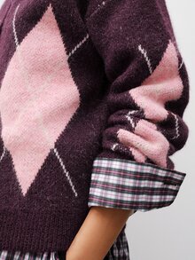 Maija Women's Diamond Quilted Drop Shoulder Long Sleeve Single-Breasted Knit Cardigan - Burgundy - View 5
