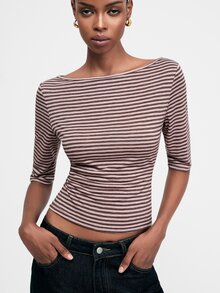 ATUI Studio Women's Striped Boat Neck Short Sleeve Casual T-Shirt - Pink - View 1