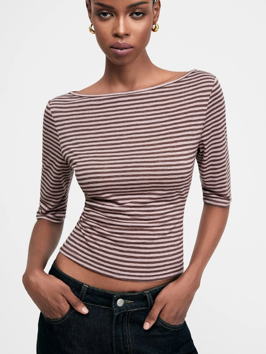 ATUI Studio Women's Striped Boat Neck Short Sleeve Casual T-Shirt - Pink - View 1