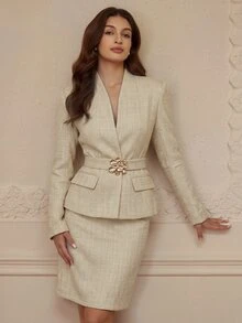 BELROSIE Women's Asymmetric V-Neck Collarless Long Sleeve Blazer And Bodycon Skirt Suit Set - Beige - View 1
