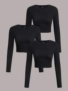 SHEIN EZwear 3件組女款純色圓領長袖休閒百搭T恤 - 黑色 - 查看 1