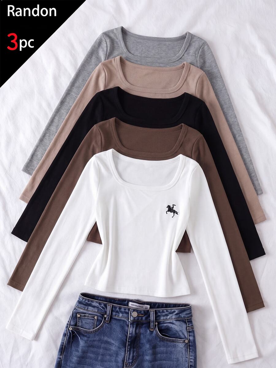Kaos Lengan Panjang Leher Persegi Warna Polos, Kasual Minimalis Nyaman untuk Remaja Perempuan Musim Gugur/Dingin, Bahan Rajut Fleece, Warna Solid, 3pcs/Set - MultiWarna - View 1