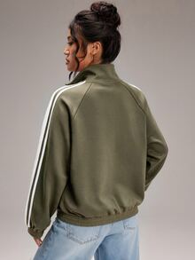 SHEIN BASICS Jaket Lengan Panjang Kasual Serbaguna Motif Blok Warna untuk Wanita Ukuran Plus - Hijau Tentara - View 7