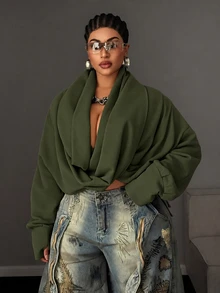Maweii European And American Hot Girl Style Ruched Criss-Cross Wrap Neck Cropped Sweatshirt, Solid Color Drop Shoulder Long Sleeve Exposed Midriff Top Fall - Army Green - View 2