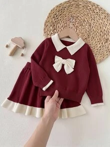 SHEIN Infant Girls Autumn/Winter Burgundy Baby Girl Sweater Set, Large Bow Design, Autumn Clothing - Red - View 6