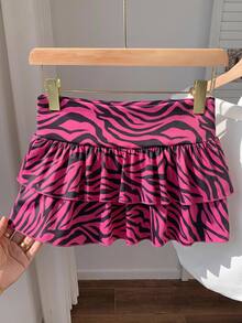 SHEIN EZwear 休閒極簡女款雙層荷葉邊 A 字裙，配雙層波浪百褶飾邊，粉色豹紋印花裙，適合派對季節，結合休閒、極簡、運動與街頭風，百搭單品，適用派對聚會、機場穿搭與 Y2K 風格造型，學院風設計，時尚街頭穿搭與夏季穿搭首選 - 彩色 - 查看 4