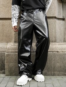 Major Grit Men's Young Street Style, INS Multi-Functional Item: Black Crocodile Leather Gothic Style Autumn/Winter Long Pants, Best Choice For Holiday Gift - Black - View 1