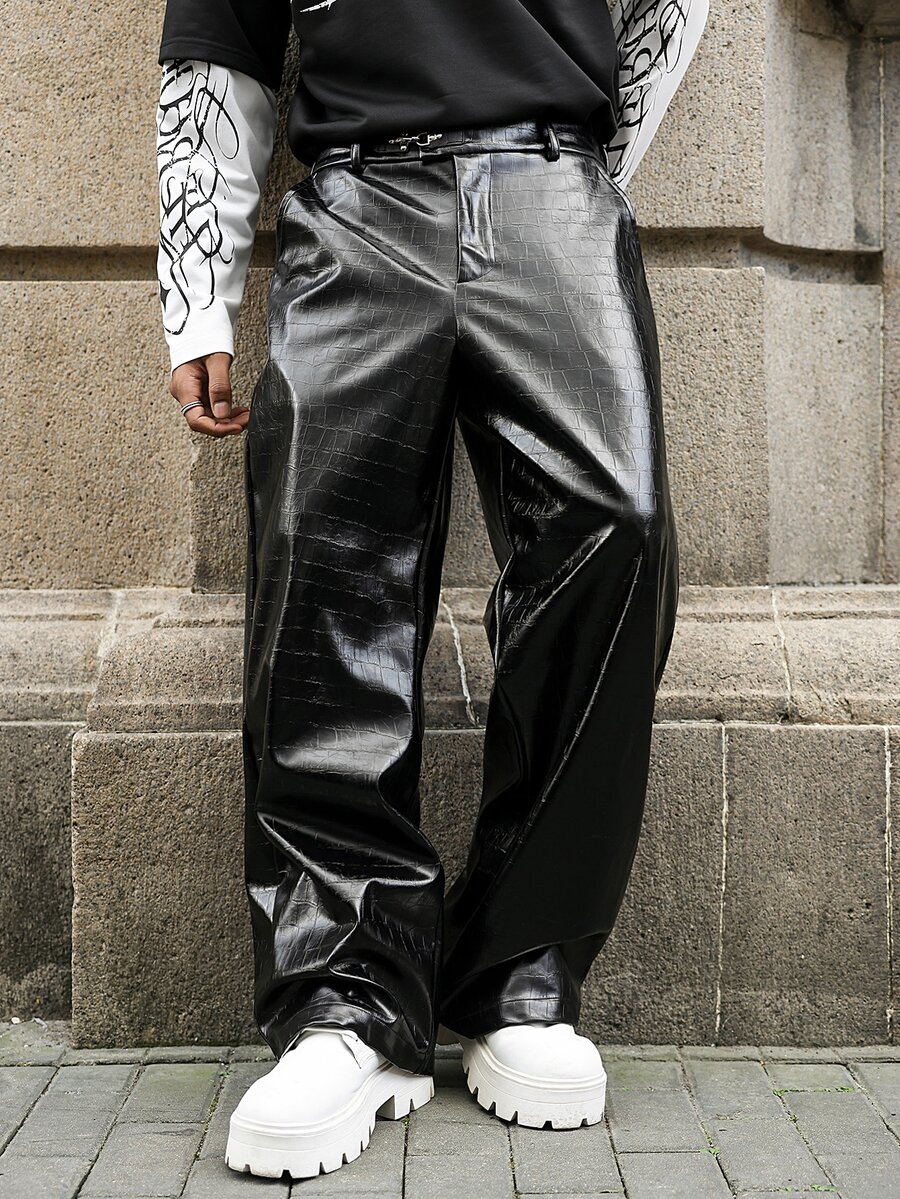 Major Grit Men's Young Street Style, INS Multi-Functional Item: Black Crocodile Leather Gothic Style Autumn/Winter Long Pants, Best Choice For Holiday Gift - Black - View 1
