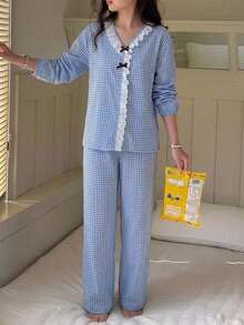 Dazy Kids Tween Girl V-Neck Plaid Long Sleeve Colorblock Casual Loungewear + Straight Leg Pants 2 Pieces Set - Baby Blue - View 3
