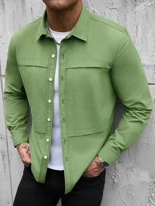 Manfinity CasualCool 男士單排扣休閒百搭日常穿著襯衫 - 軍綠色 - 查看 1