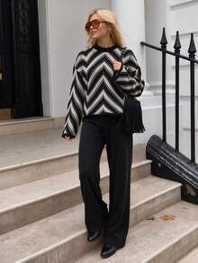 SHEIN Black Beige Pattern Knit Sweater And Wide Leg Pants Co-Ords Set –Oversized Geometric Jacquard - Black and White - View 1