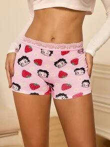 Betty Boop x SHEIN Women's Lace Patchwork Cartoon Print Casual Daily Hipster Panties - Pink - View 4