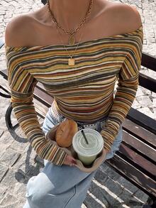 Muchica Women's Striped Off-Shoulder Casual Daily Long Sleeve T-Shirt - Multicolor - View 5