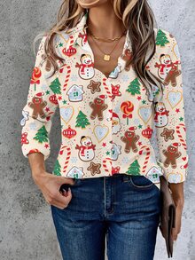 EMERY ROSE Cute 2026 Christmas Outfit Santa Claus Gingerbread Man Christmas Tree Print Long Sleeve Women's Blouse Top Autumn/Winter - Multicolor - View 3