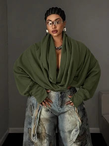 Maweii European And American Hot Girl Style Ruched Criss-Cross Wrap Neck Cropped Sweatshirt, Solid Color Drop Shoulder Long Sleeve Exposed Midriff Top Fall - Army Green - View 5