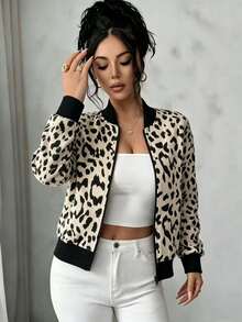 Selianne Women's Leopard Print Long Sleeve Zip-Up Baseball Collar Jacket - Black - View 1