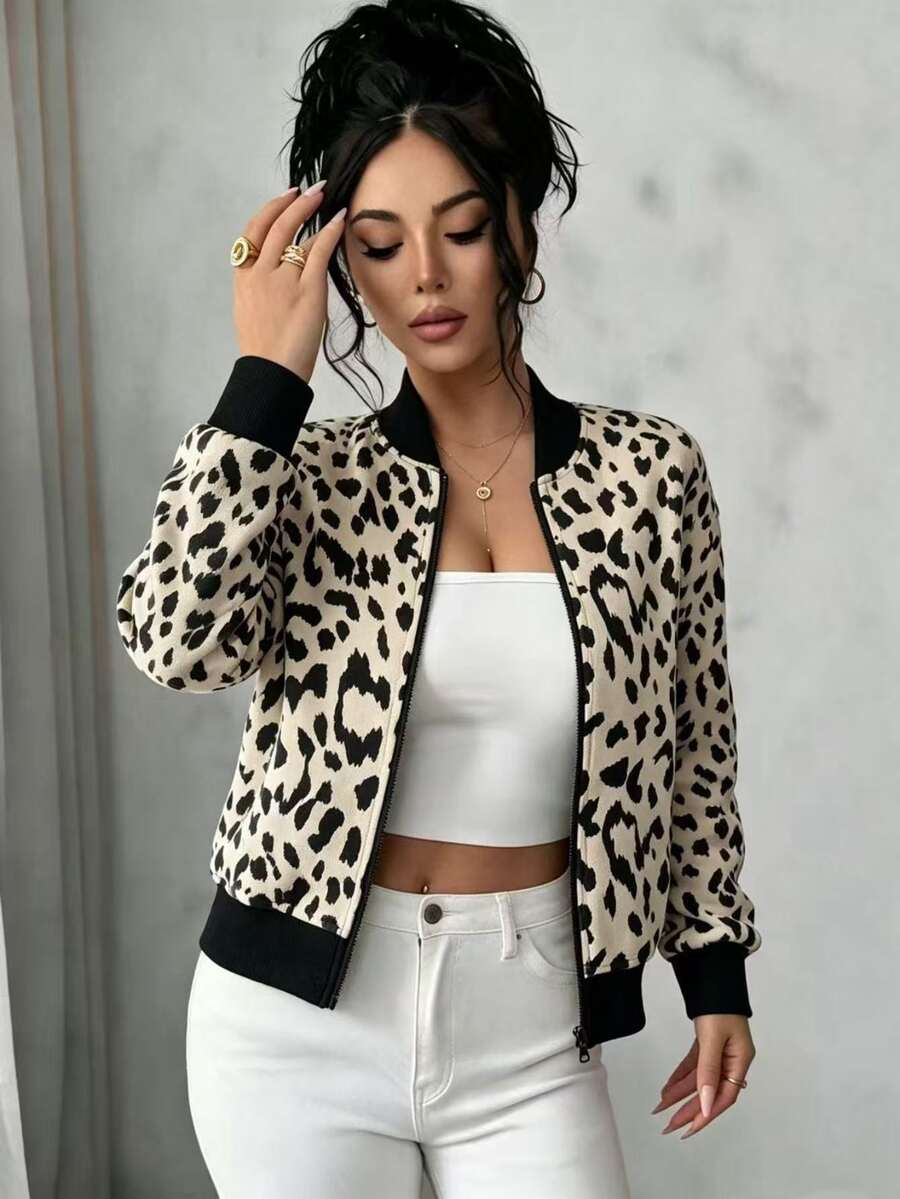 Selianne Women's Leopard Print Long Sleeve Zip-Up Baseball Collar Jacket - Black - View 1