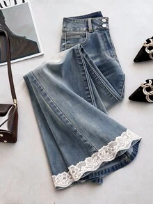 GlowEve Women's Fashion Button Lace Patchwork Denim Jeans - Blue - View 2