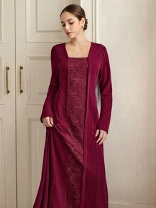 Graceveil Autumn/Winter Burgundy Lace Patchwork Long Sleeve Elegant Long Dress For Wedding And Evening Party - Burgundy - View 7
