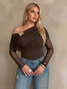 Auralis Plus Size Asymmetrical Shoulder Metal Buckle Decor Cinched Waist Long Sleeve Mesh High Elastic Brown Bodysuit/Elegant Party Winter - Brown - View 6