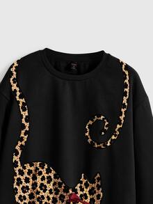 ROMWE Grunge Punk Dark Vintage Cat Graphic Pullover Sweatshirt For Women - Black - View 3