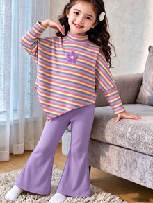 SHEIN Young Girl 紅色羅紋高領兩件套，高領長袖不對稱上衣配紅色人造毛袖口，搭配羅紋喇叭褲 - 紫色 - 查看 1
