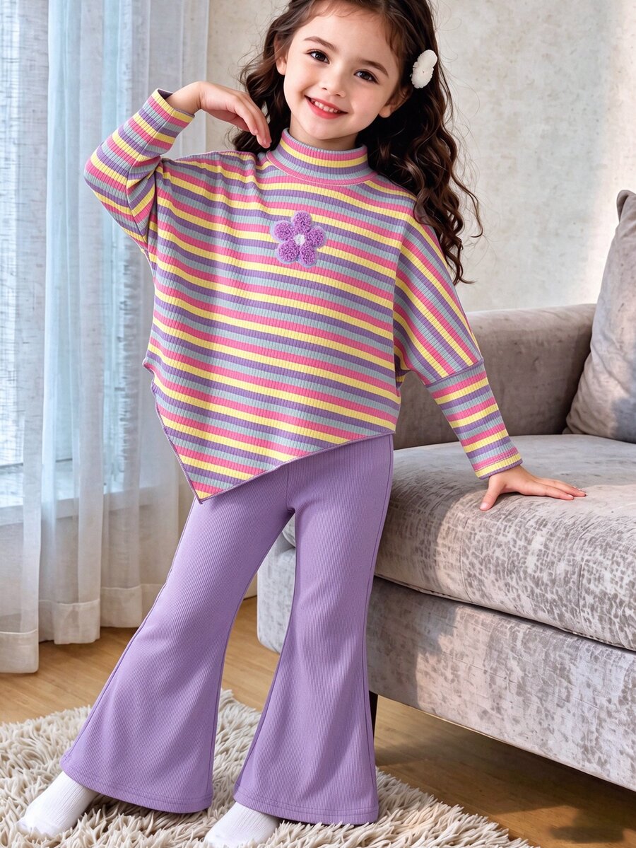 SHEIN Young Girl 紅色羅紋高領兩件套,高領長袖不對稱上衣配紅色人造毛袖口,搭配羅紋喇叭褲 - 紫色 - 查看 1