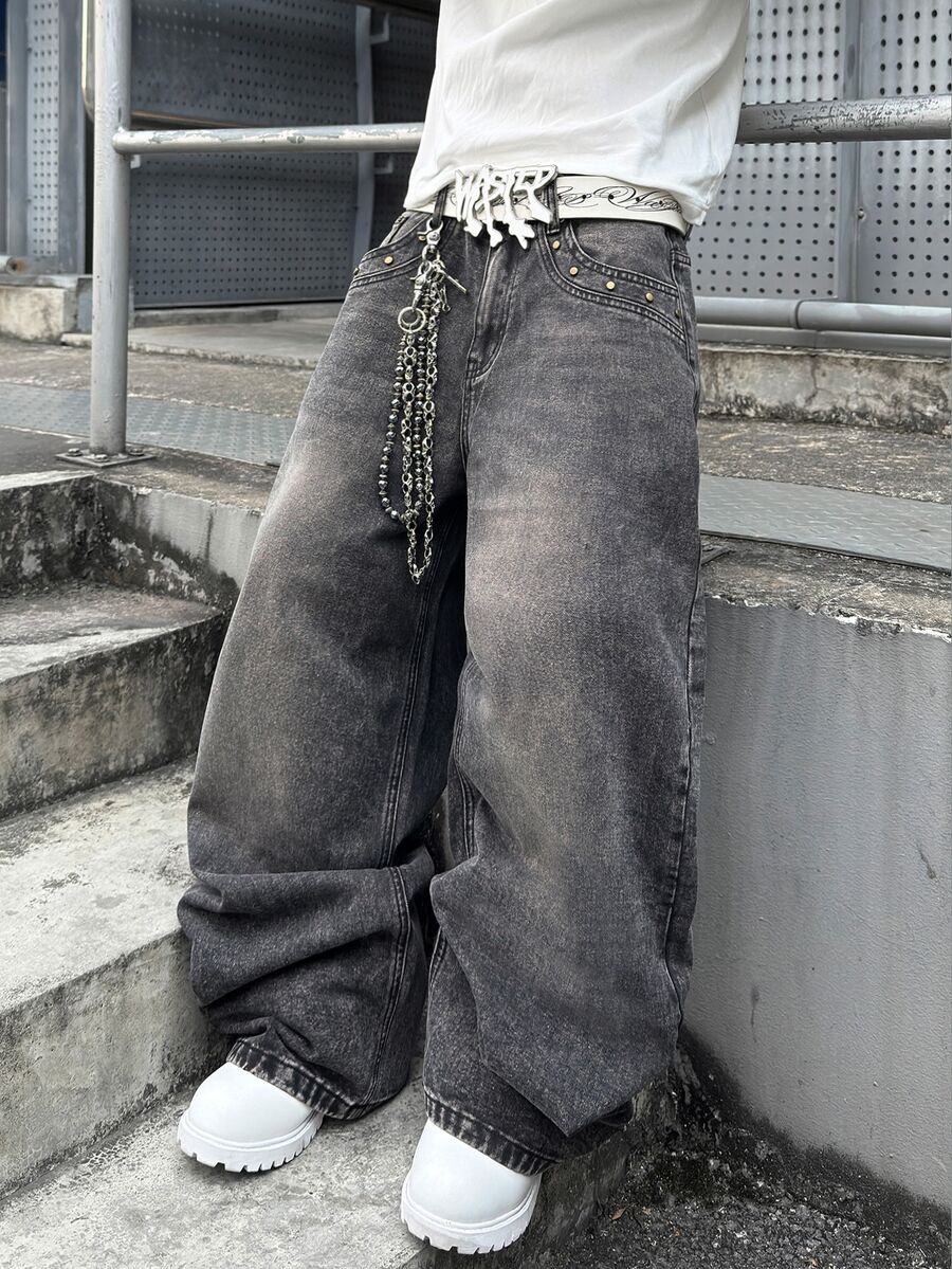 STEELVANCE Street Vintage Fashion Versatile Distressed Washed Cat Whisker Contrast Stud Design Loose Straight Leg Wide Leg Casual Denim Jeans (Belt And Accessories Not Included) - Black - View 1