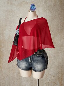 SHEIN ICON 大尺碼雪紡三角杯綁帶式包胸背心上衣 2 件組 女款 外出度假上衣 黑色 夏季 性感 - 紅色 - 查看 1
