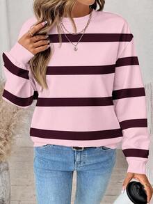 SHEIN LUNE Áo nỉ dài tay kẻ sọc phong cách thường ngày đa năng cho nữ - trắng - Xem 3