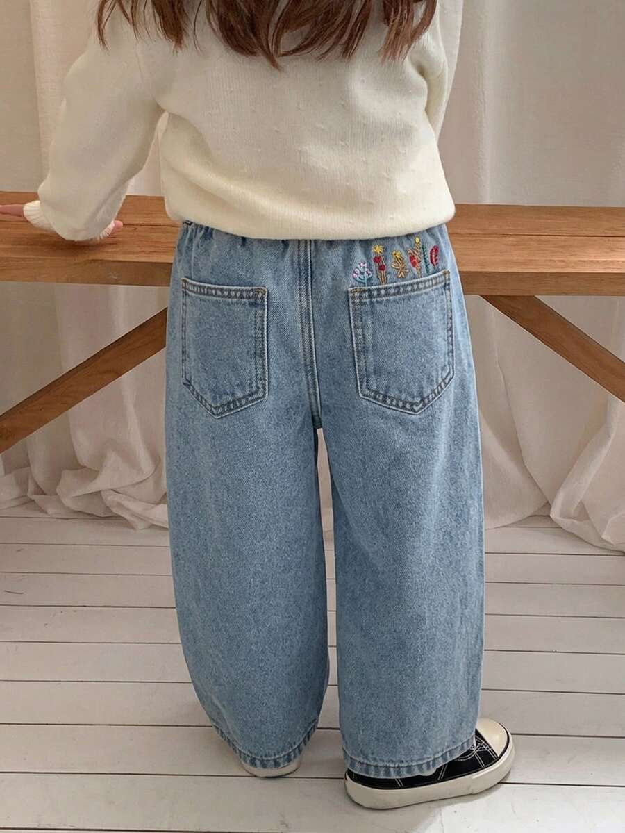 DAZY 女嬰水洗花卉刺繡寬鬆牛仔褲 秋季 - 藍色 - 查看 1