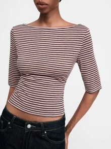 ATUI Studio Women's Striped Boat Neck Short Sleeve Casual T-Shirt - Pink - View 4